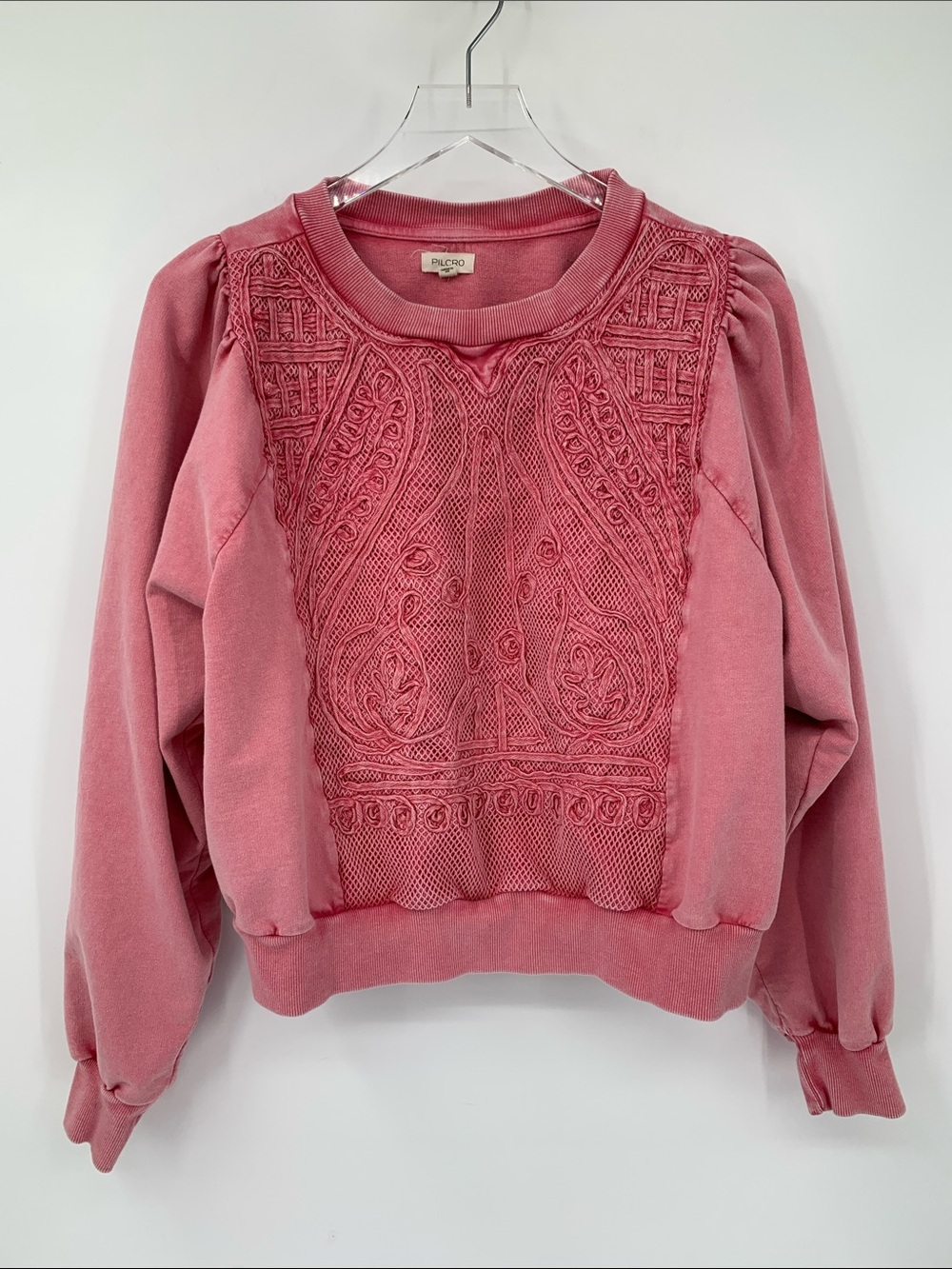 Pilcro Anthropologie embellished sweatshirt pink faded mesh lace puff sleeve L - Picture 2 of 4